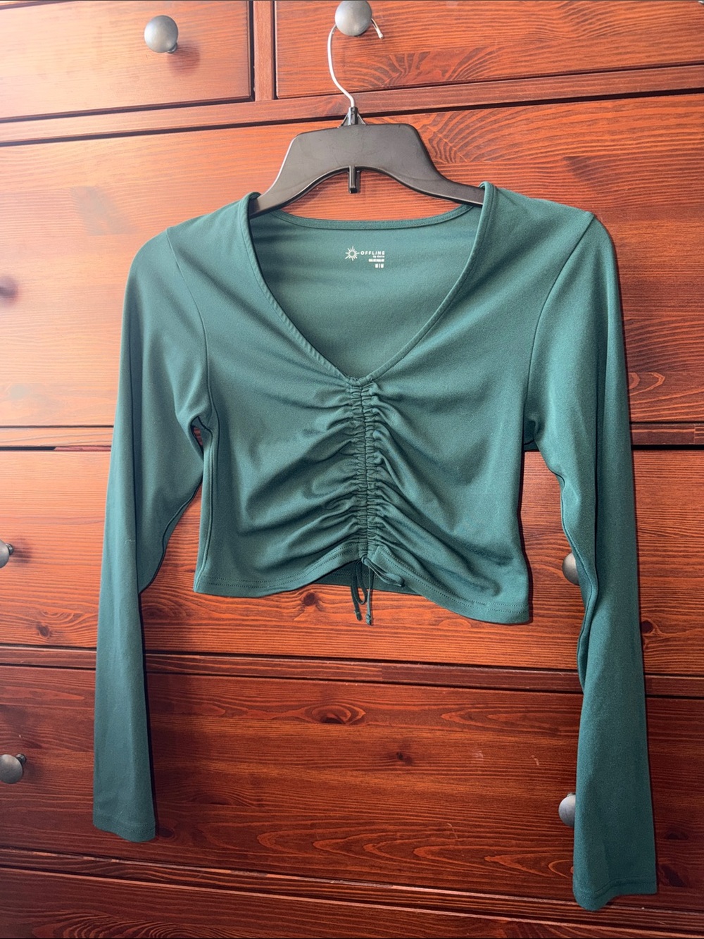 OFFLINE by Aerie Real Me Ruched Long Sleeve Crop Top Pine Green Medium